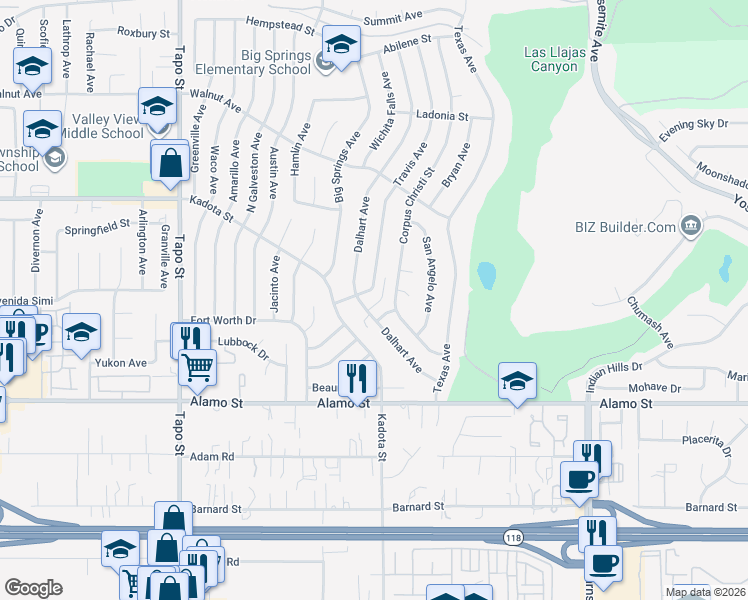 map of restaurants, bars, coffee shops, grocery stores, and more near 4760 El Prado Street in Simi Valley