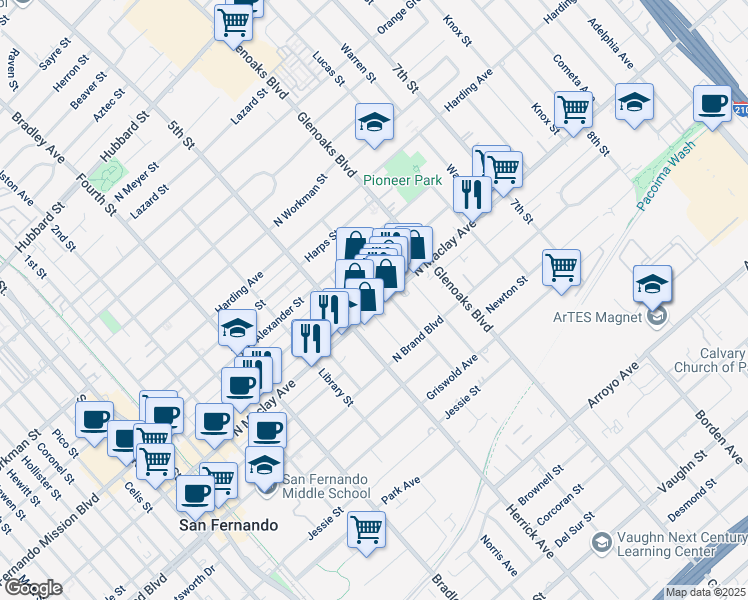 map of restaurants, bars, coffee shops, grocery stores, and more near 665 N Maclay Ave in San Fernando