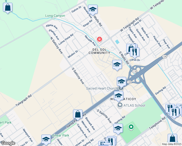 map of restaurants, bars, coffee shops, grocery stores, and more near 244 Los Altos Street in Ventura
