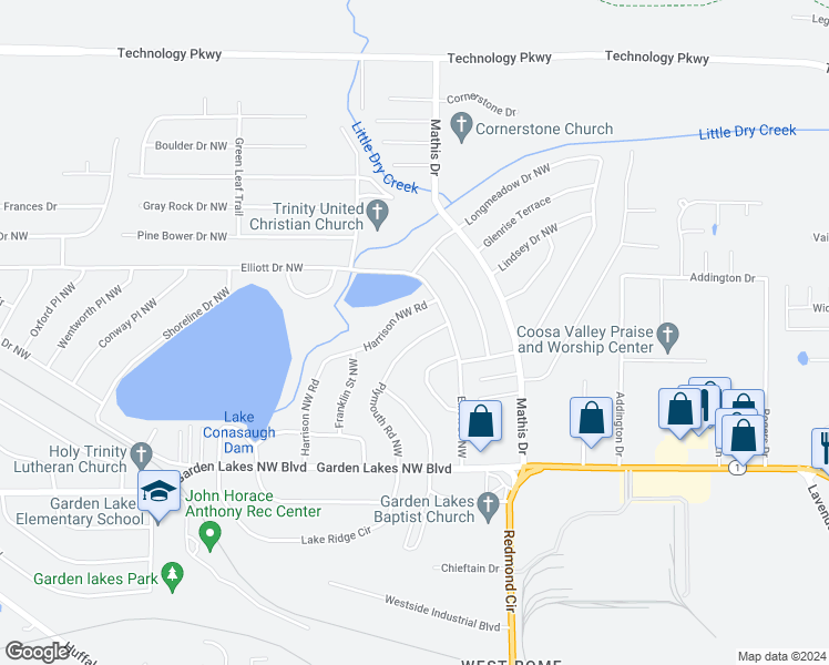 map of restaurants, bars, coffee shops, grocery stores, and more near 119 Plymouth Road Northwest in Rome