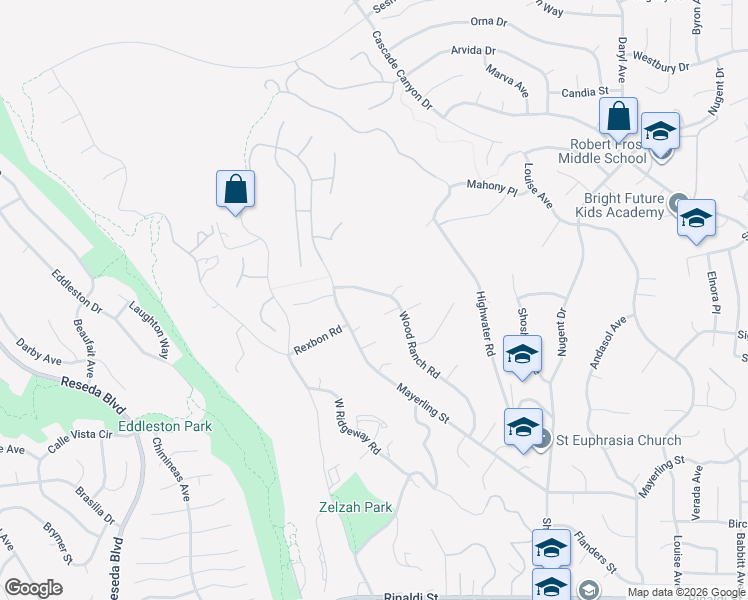 map of restaurants, bars, coffee shops, grocery stores, and more near 12025 Wood Ranch Road in Los Angeles