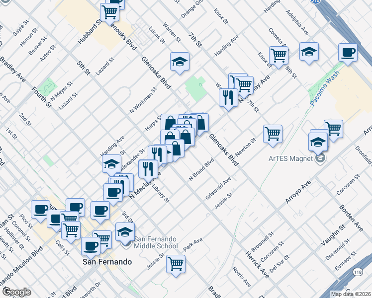 map of restaurants, bars, coffee shops, grocery stores, and more near North Maclay Avenue in San Fernando