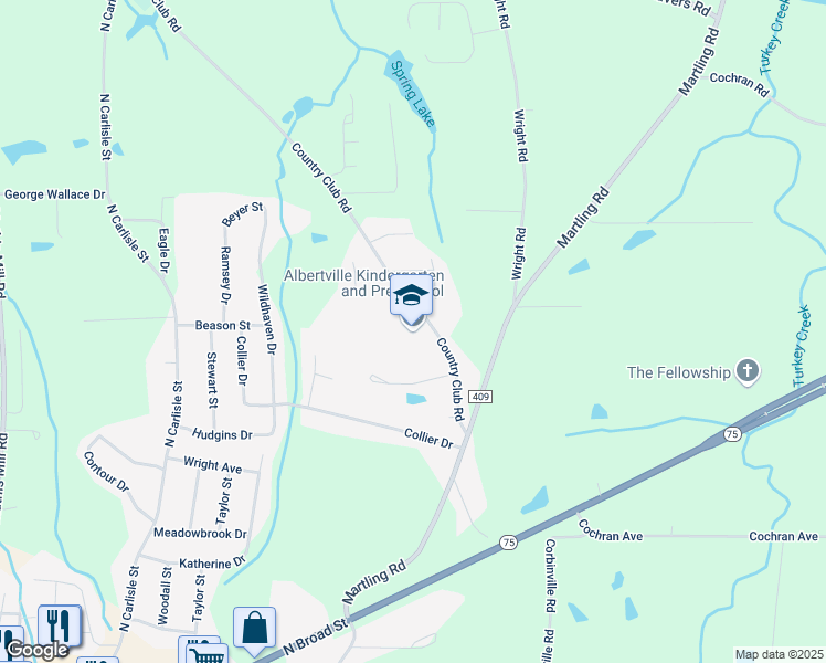 map of restaurants, bars, coffee shops, grocery stores, and more near 257 Country Club Road in Albertville