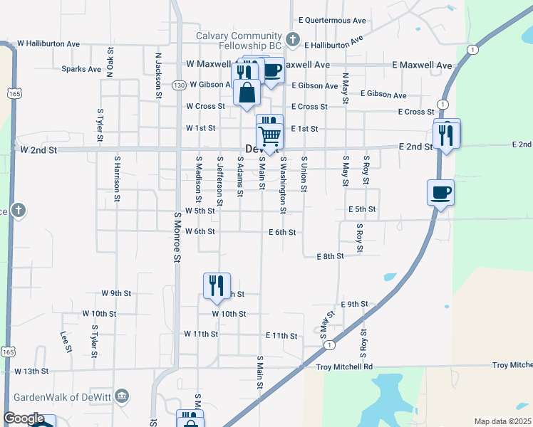 map of restaurants, bars, coffee shops, grocery stores, and more near 601 South Main Street in DeWitt