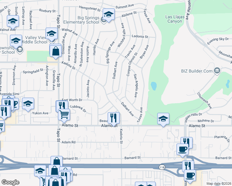 map of restaurants, bars, coffee shops, grocery stores, and more near 4760 El Prado Street in Simi Valley