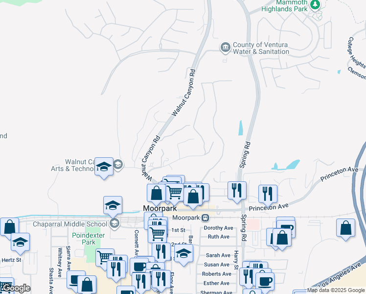 map of restaurants, bars, coffee shops, grocery stores, and more near in Moorpark