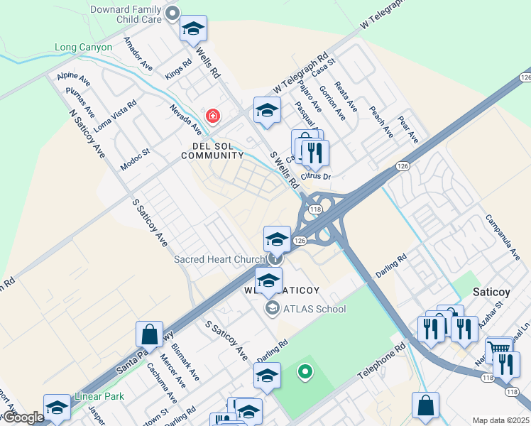 map of restaurants, bars, coffee shops, grocery stores, and more near in Ventura