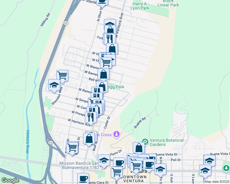 map of restaurants, bars, coffee shops, grocery stores, and more near 112 Kellogg Street in Ventura