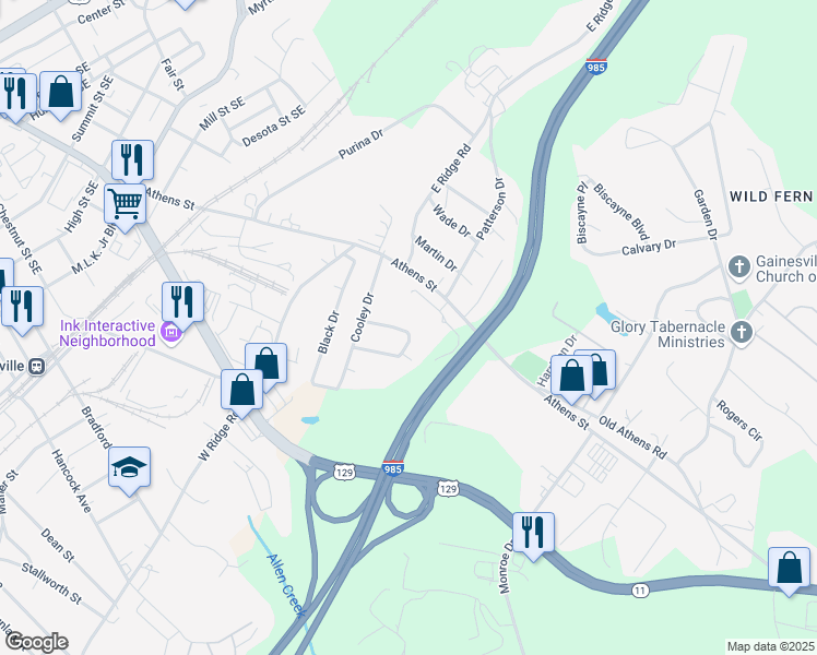 map of restaurants, bars, coffee shops, grocery stores, and more near 1025 Jordan Drive in Gainesville