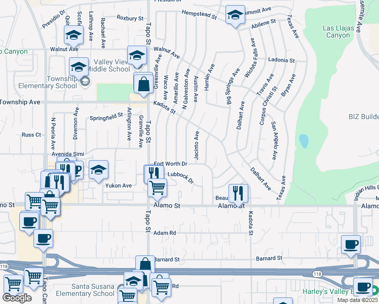 map of restaurants, bars, coffee shops, grocery stores, and more near 3058 Austin Avenue in Simi Valley