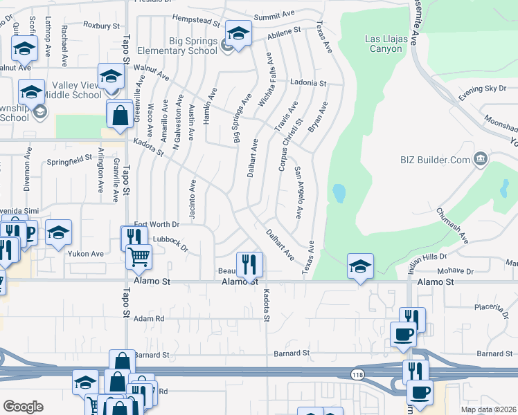 map of restaurants, bars, coffee shops, grocery stores, and more near 4776 El Prado Street in Simi Valley