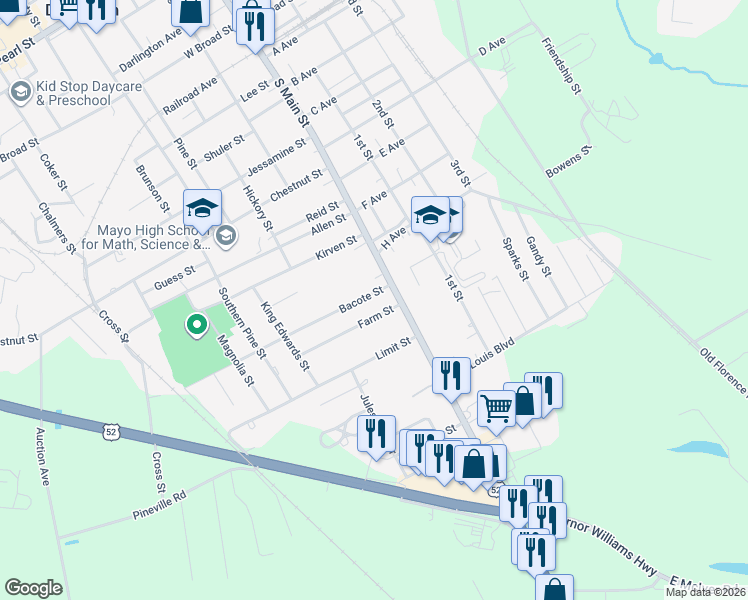 map of restaurants, bars, coffee shops, grocery stores, and more near 107 Bacote Street in Darlington