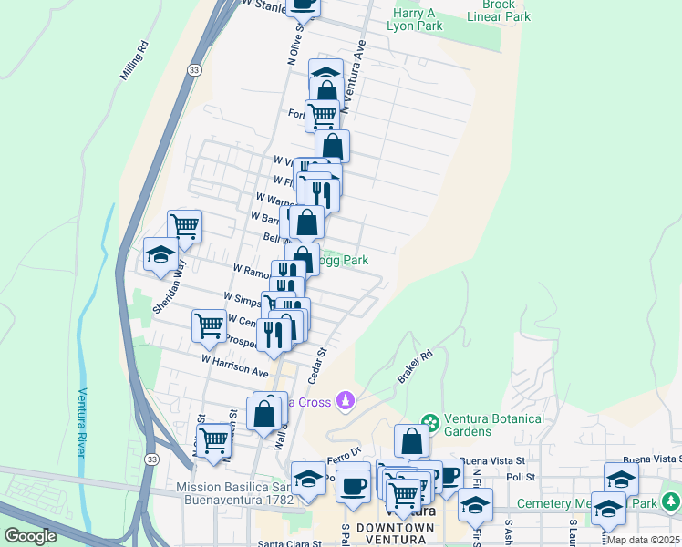 map of restaurants, bars, coffee shops, grocery stores, and more near 112 Kellogg Street in Ventura