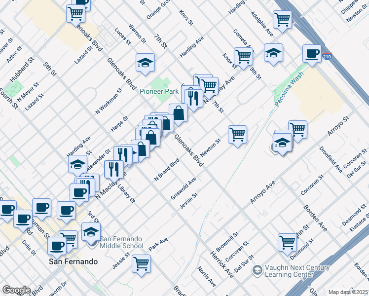 map of restaurants, bars, coffee shops, grocery stores, and more near 908 Glenoaks Boulevard in San Fernando