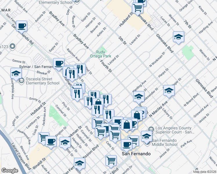 map of restaurants, bars, coffee shops, grocery stores, and more near 214 North Huntington Street in San Fernando