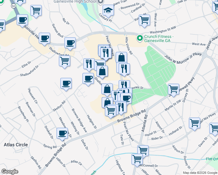 map of restaurants, bars, coffee shops, grocery stores, and more near 593 Shallowford Road in Gainesville