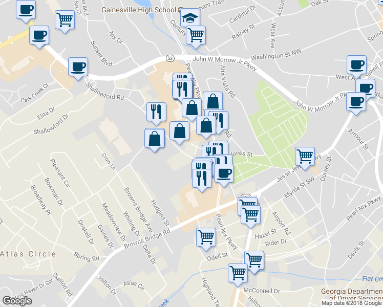 map of restaurants, bars, coffee shops, grocery stores, and more near 593 Shallowford Road in Gainesville