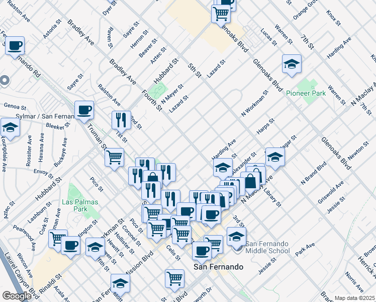 map of restaurants, bars, coffee shops, grocery stores, and more near 318 Fermoore Street in San Fernando