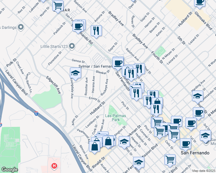 map of restaurants, bars, coffee shops, grocery stores, and more near 12136 Buckeye Avenue in Los Angeles