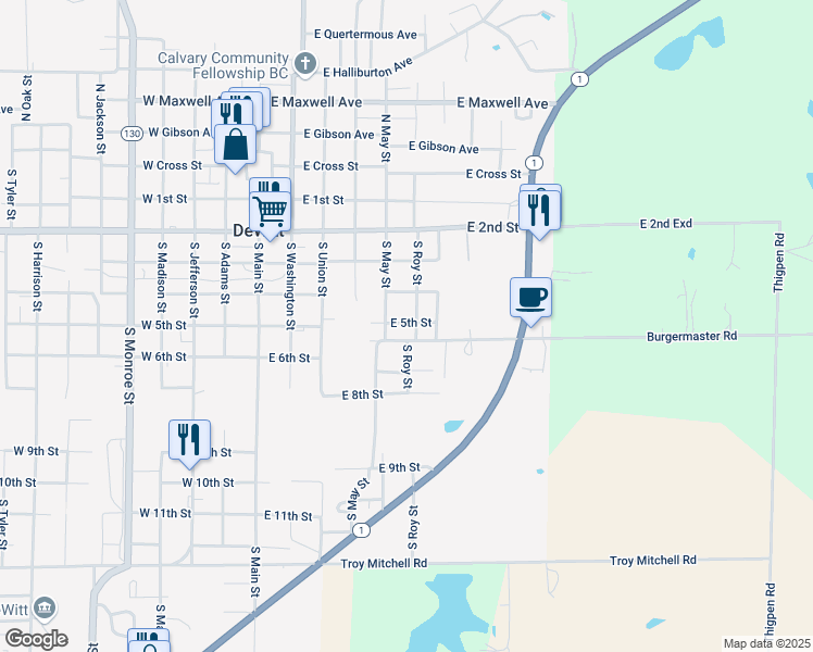 map of restaurants, bars, coffee shops, grocery stores, and more near 600 South Roy Street in DeWitt