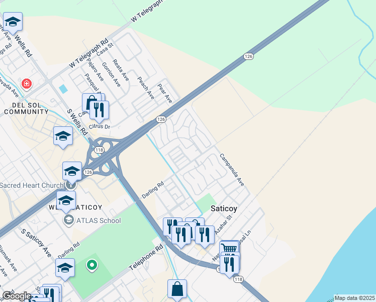 map of restaurants, bars, coffee shops, grocery stores, and more near 214 Tulip Court in Ventura