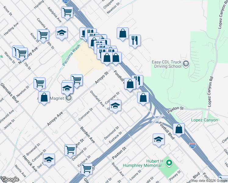 map of restaurants, bars, coffee shops, grocery stores, and more near 12115 Bromont Avenue in San Fernando