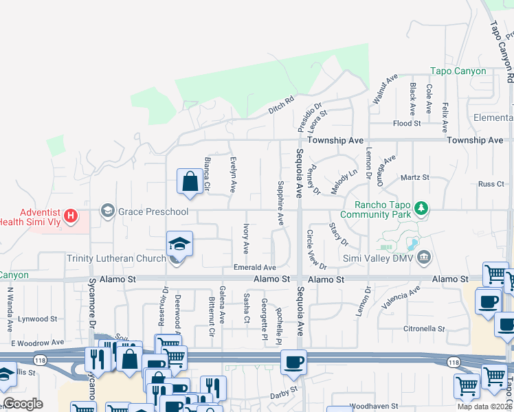 map of restaurants, bars, coffee shops, grocery stores, and more near 3309 Avenida Simi in Simi Valley