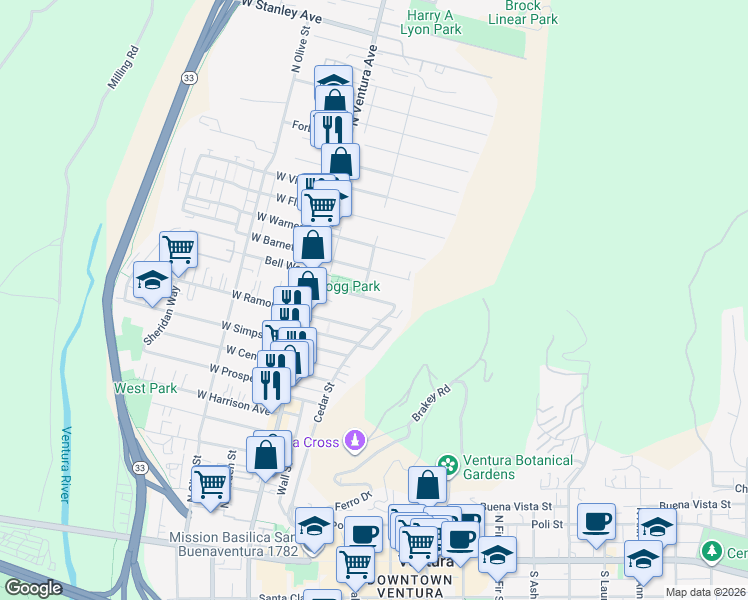 map of restaurants, bars, coffee shops, grocery stores, and more near 218 Kellogg Street in Ventura
