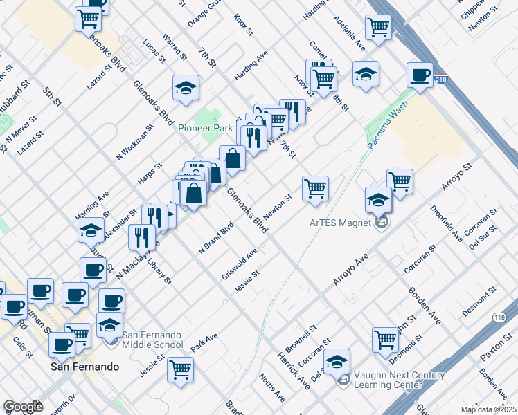 map of restaurants, bars, coffee shops, grocery stores, and more near 818 North Brand Boulevard in San Fernando