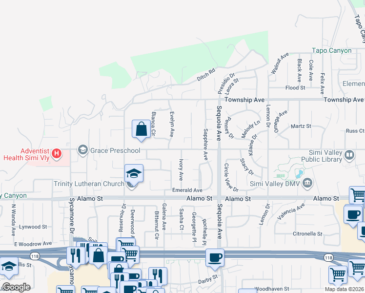 map of restaurants, bars, coffee shops, grocery stores, and more near 3309 Avenida Simi in Simi Valley