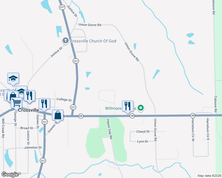 map of restaurants, bars, coffee shops, grocery stores, and more near 204 Bankston Drive in Crossville