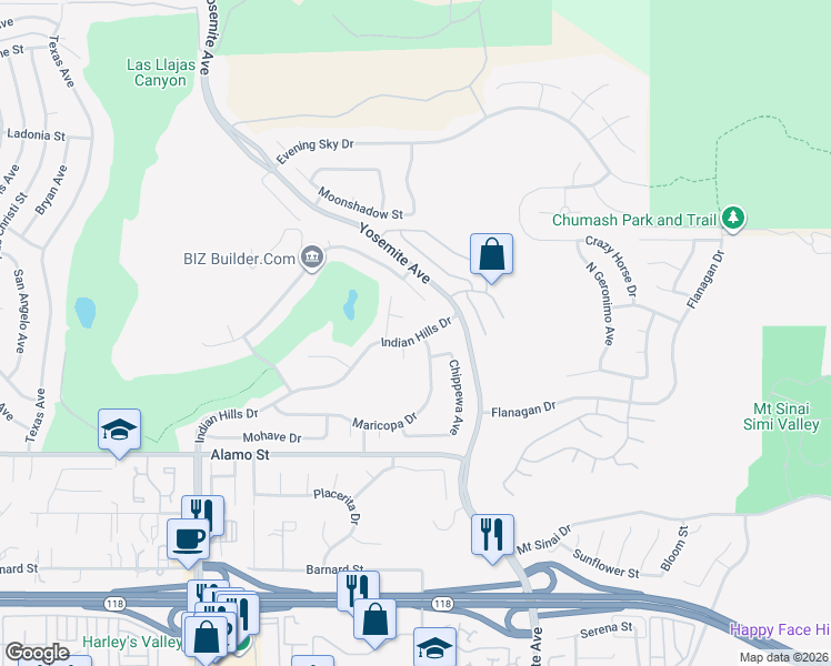 map of restaurants, bars, coffee shops, grocery stores, and more near 5583 Indian Hills Drive in Simi Valley