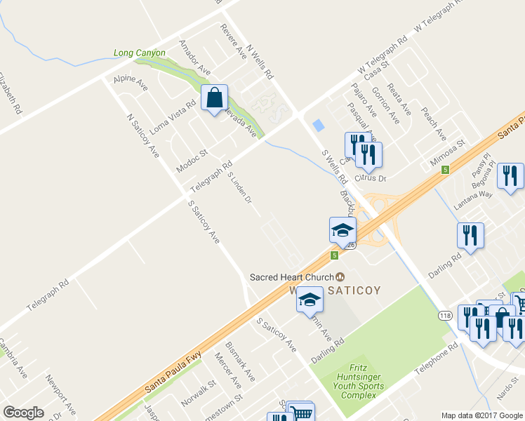 map of restaurants, bars, coffee shops, grocery stores, and more near 270 South Linden Drive in Ventura
