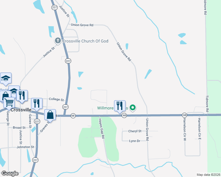 map of restaurants, bars, coffee shops, grocery stores, and more near 204 Bankston in Crossville