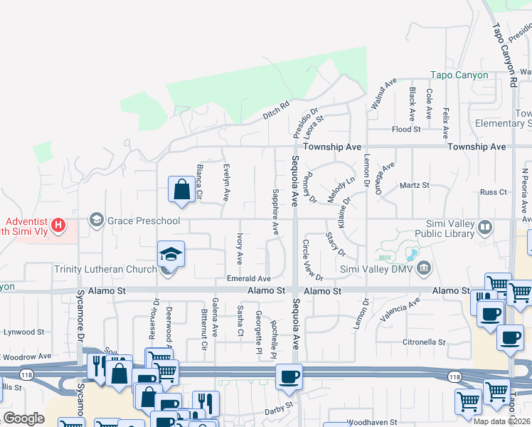 map of restaurants, bars, coffee shops, grocery stores, and more near 3299 Avenida Simi in Simi Valley