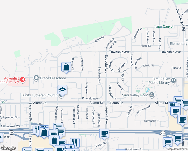 map of restaurants, bars, coffee shops, grocery stores, and more near 3299 Avenida Simi in Simi Valley