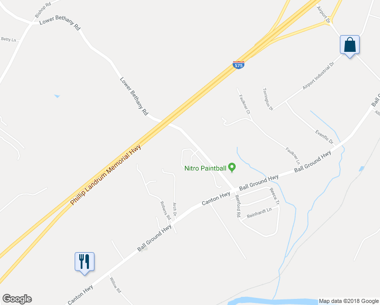 map of restaurants, bars, coffee shops, grocery stores, and more near 140 Bethany Manor Drive in Ball Ground