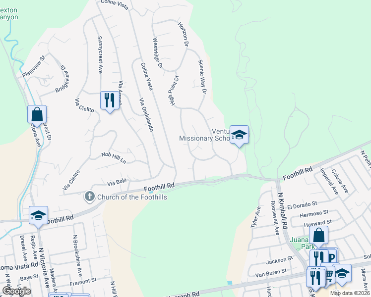 map of restaurants, bars, coffee shops, grocery stores, and more near 7018 Monte Vista Court in Ventura
