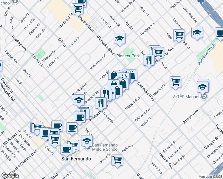 map of restaurants, bars, coffee shops, grocery stores, and more near 625 North Hagar Street in San Fernando