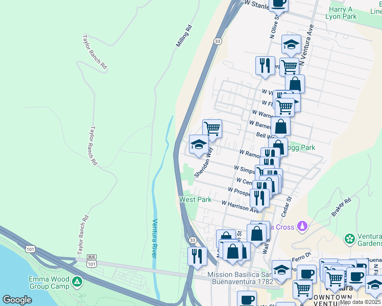 map of restaurants, bars, coffee shops, grocery stores, and more near 467 West Simpson Street in Ventura