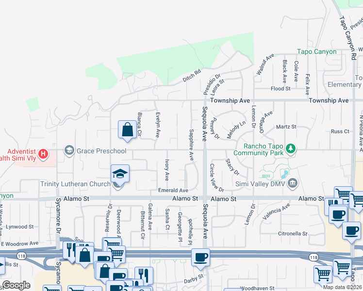 map of restaurants, bars, coffee shops, grocery stores, and more near 3299 Avenida Simi in Simi Valley