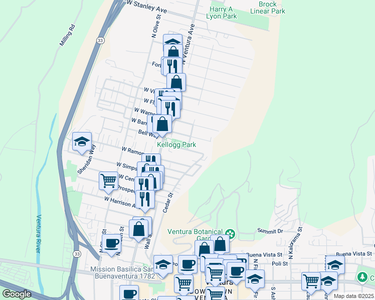 map of restaurants, bars, coffee shops, grocery stores, and more near Cameron Street & Kellogg Street in Ventura