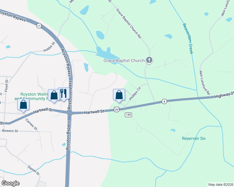 map of restaurants, bars, coffee shops, grocery stores, and more near 180 Bible Baptist Church Road in Royston
