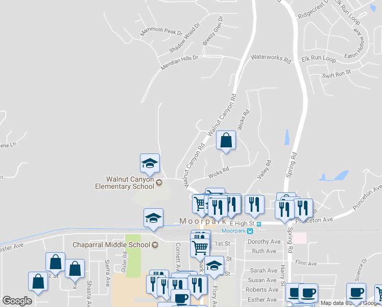 map of restaurants, bars, coffee shops, grocery stores, and more near 1073 Walnut Canyon Road in Moorpark