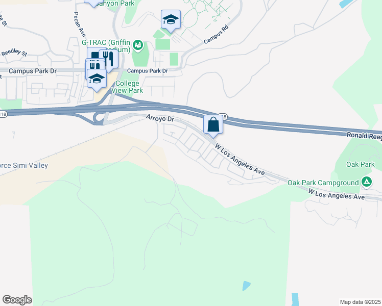 map of restaurants, bars, coffee shops, grocery stores, and more near 15750 Arroyo Drive in Moorpark