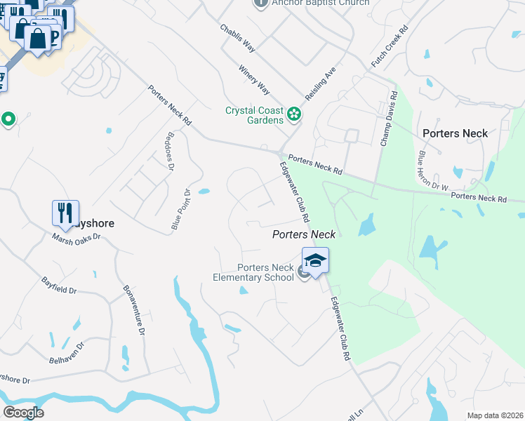 map of restaurants, bars, coffee shops, grocery stores, and more near 202 Edgewater Club Road in Wilmington