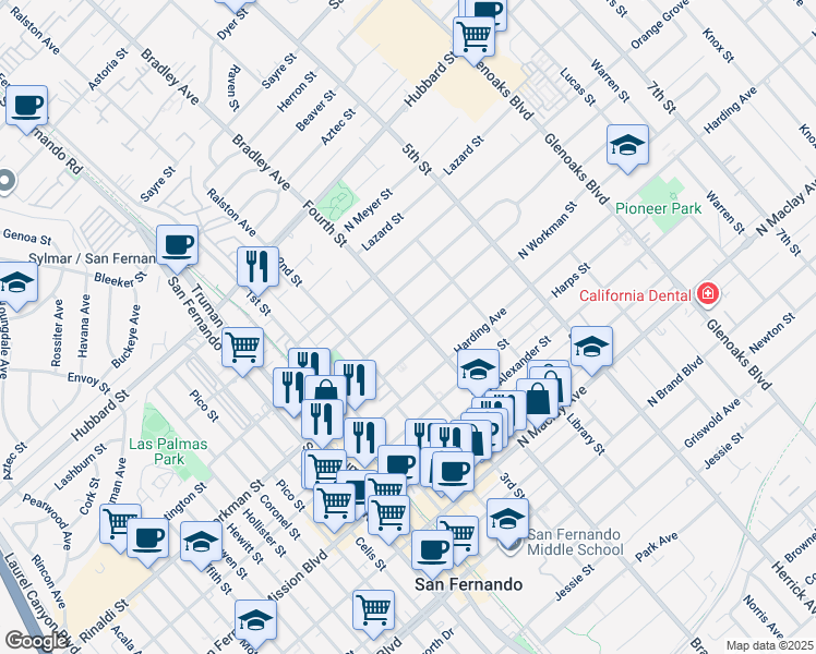 map of restaurants, bars, coffee shops, grocery stores, and more near 1622 Fourth Street in San Fernando