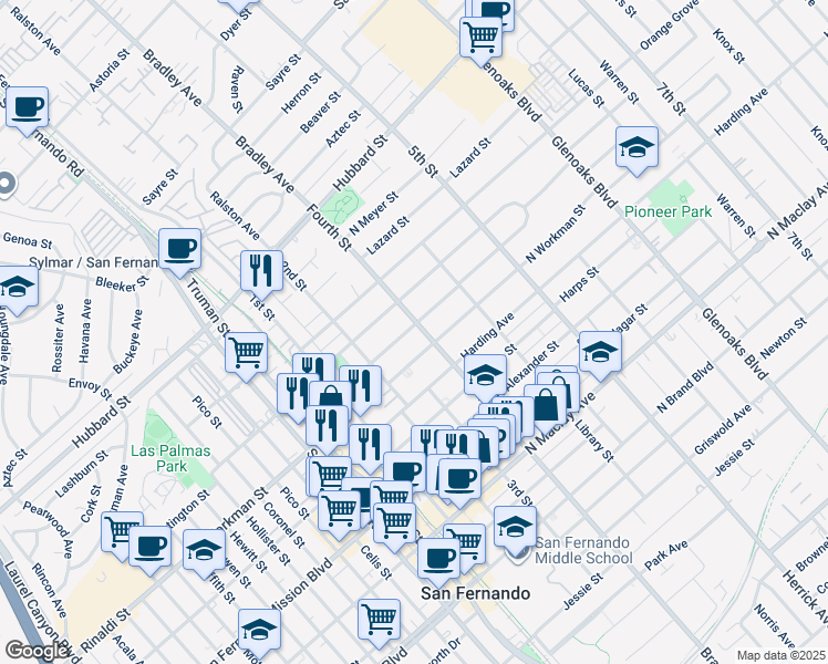 map of restaurants, bars, coffee shops, grocery stores, and more near 318 Fermoore Street in San Fernando