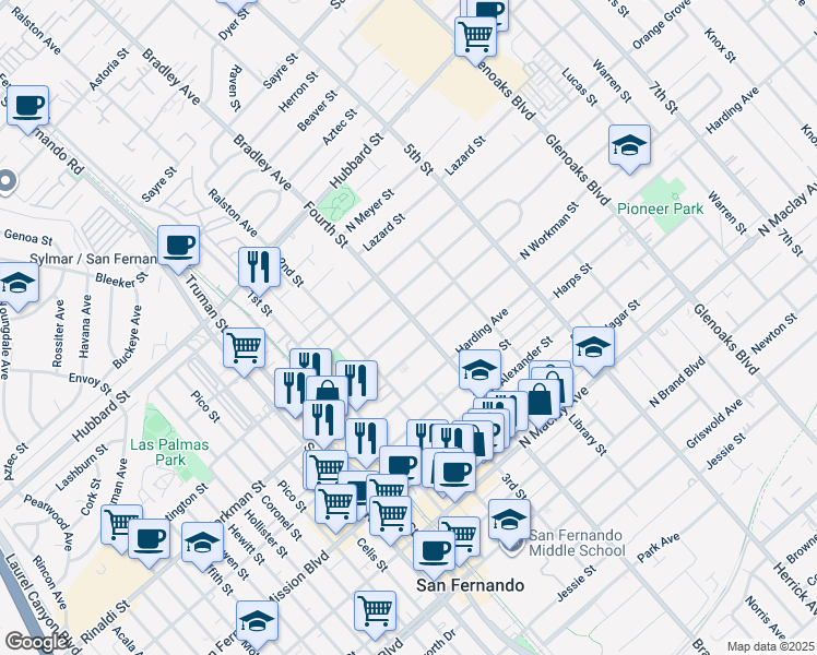map of restaurants, bars, coffee shops, grocery stores, and more near 318 Fermoore Street in San Fernando