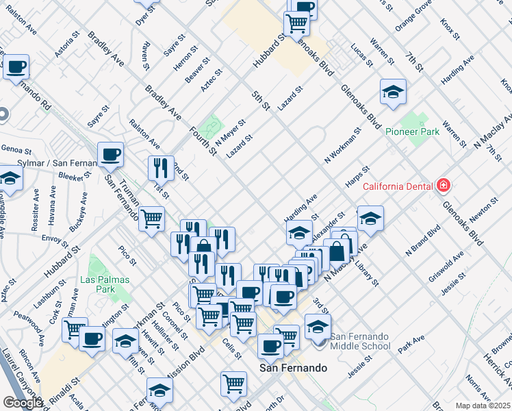 map of restaurants, bars, coffee shops, grocery stores, and more near 1622 Fourth Street in San Fernando